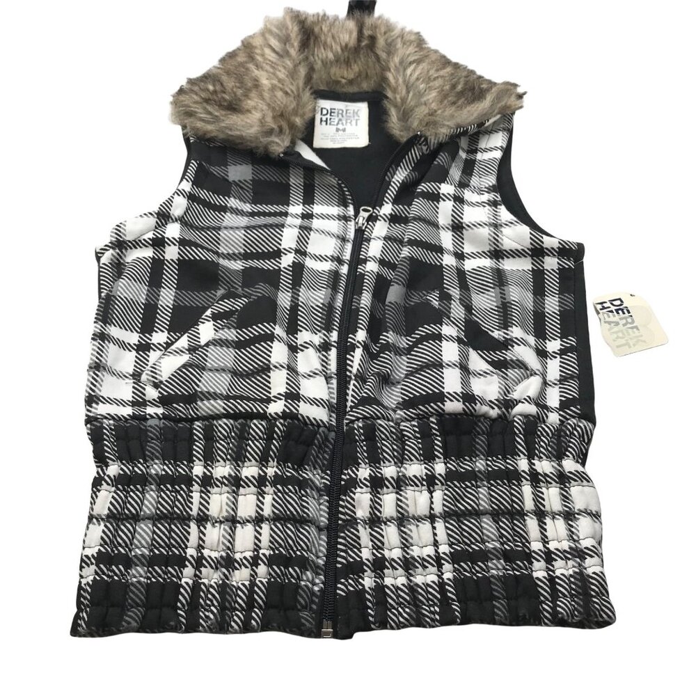 Derek Heart Women's Medium Vest Black And White Plaid Faux Fur Collar New